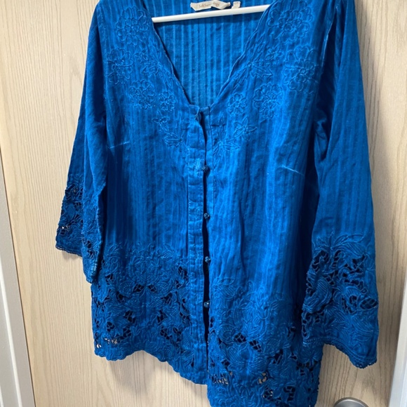 Soft Surroundings Batik  Blue Linen  Size L Long Sleeves i - Picture 2 of 13